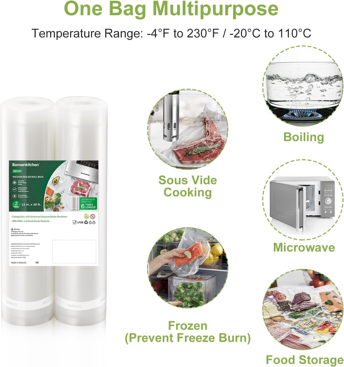 Vacuum Sealer Bags, 11" x 20' Rolls 2 Pack for Food Storage