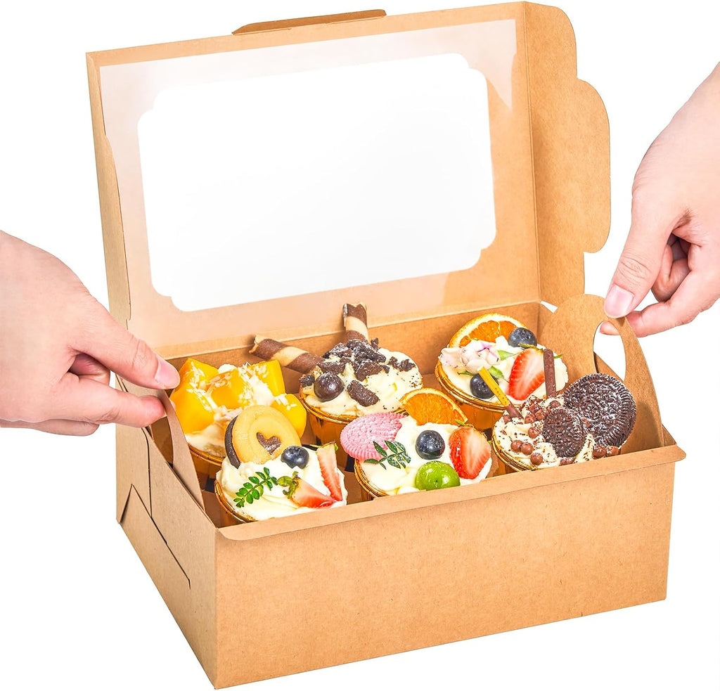 20 Pack Brown Cupcake Boxes with Handle Tray - 4" Tall Large Muffin Boxes for 6 Cupcakes - Professional Food-Grade