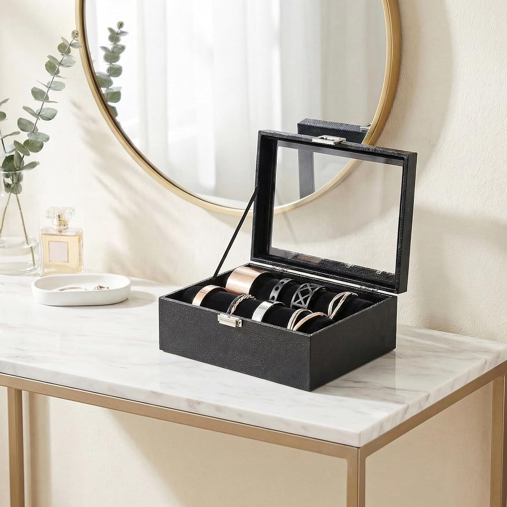 Bracelet Display Holder with Rods for Bangles Watches, Jewelry Organizer Box Storage Case with Clear Lid (Black)