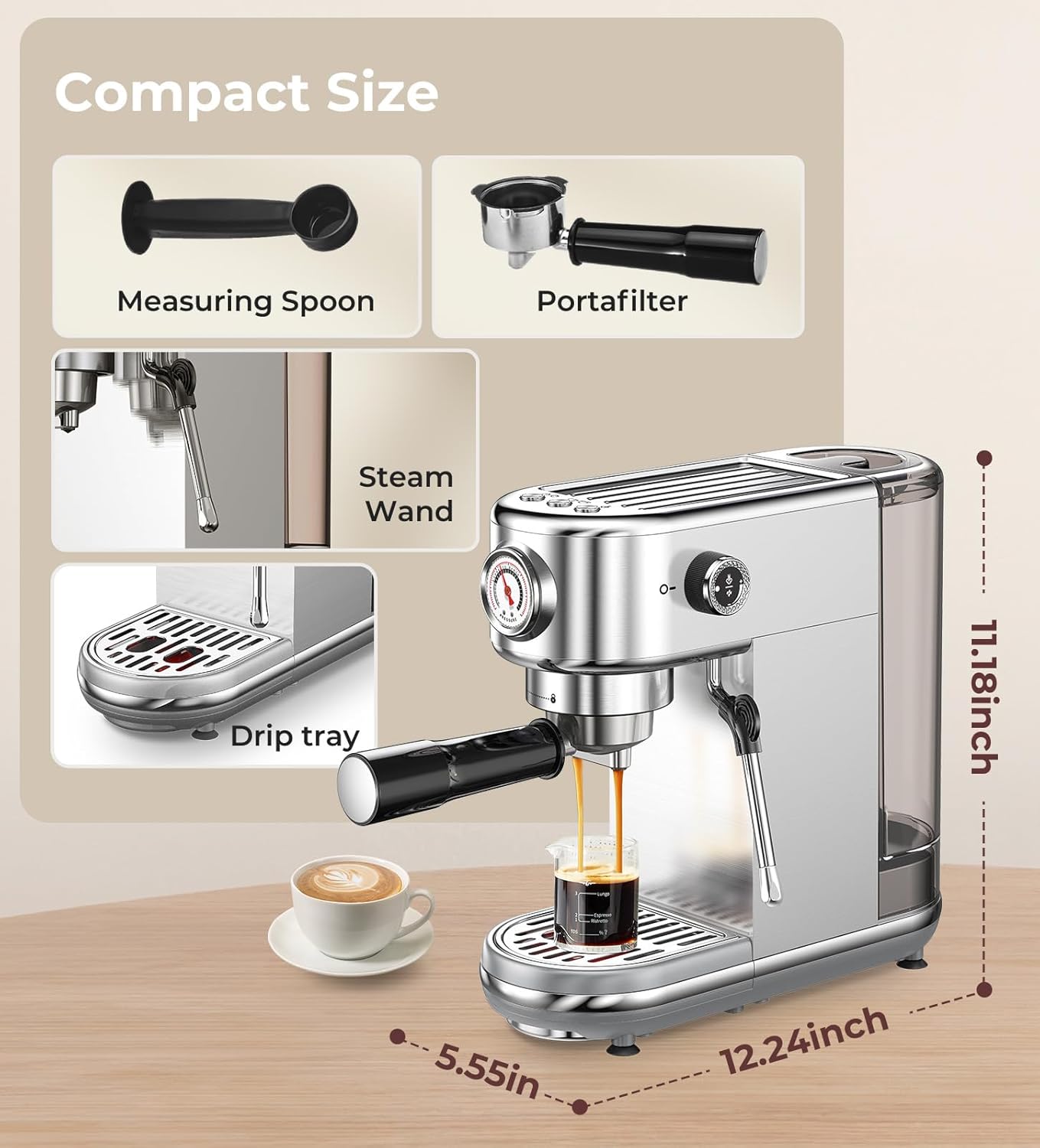 Espresso Machine with Milk Frother, 20 Bar Pressure Espresso Maker | with 44OZ Removable Tank, Compact Stainless