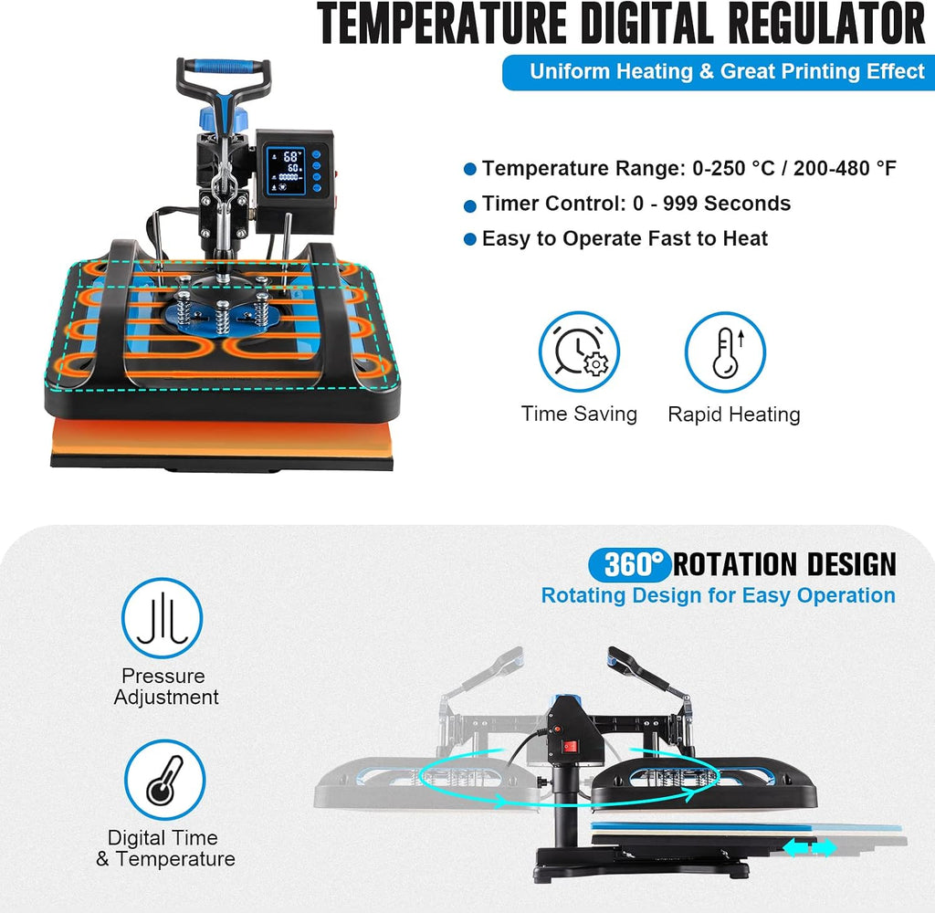15x15 Heat Press Machine, 8 in 1 Heat Press Machine, Sublimation T Shirt Pressing Machine, 360-Degree Swing Away Heat