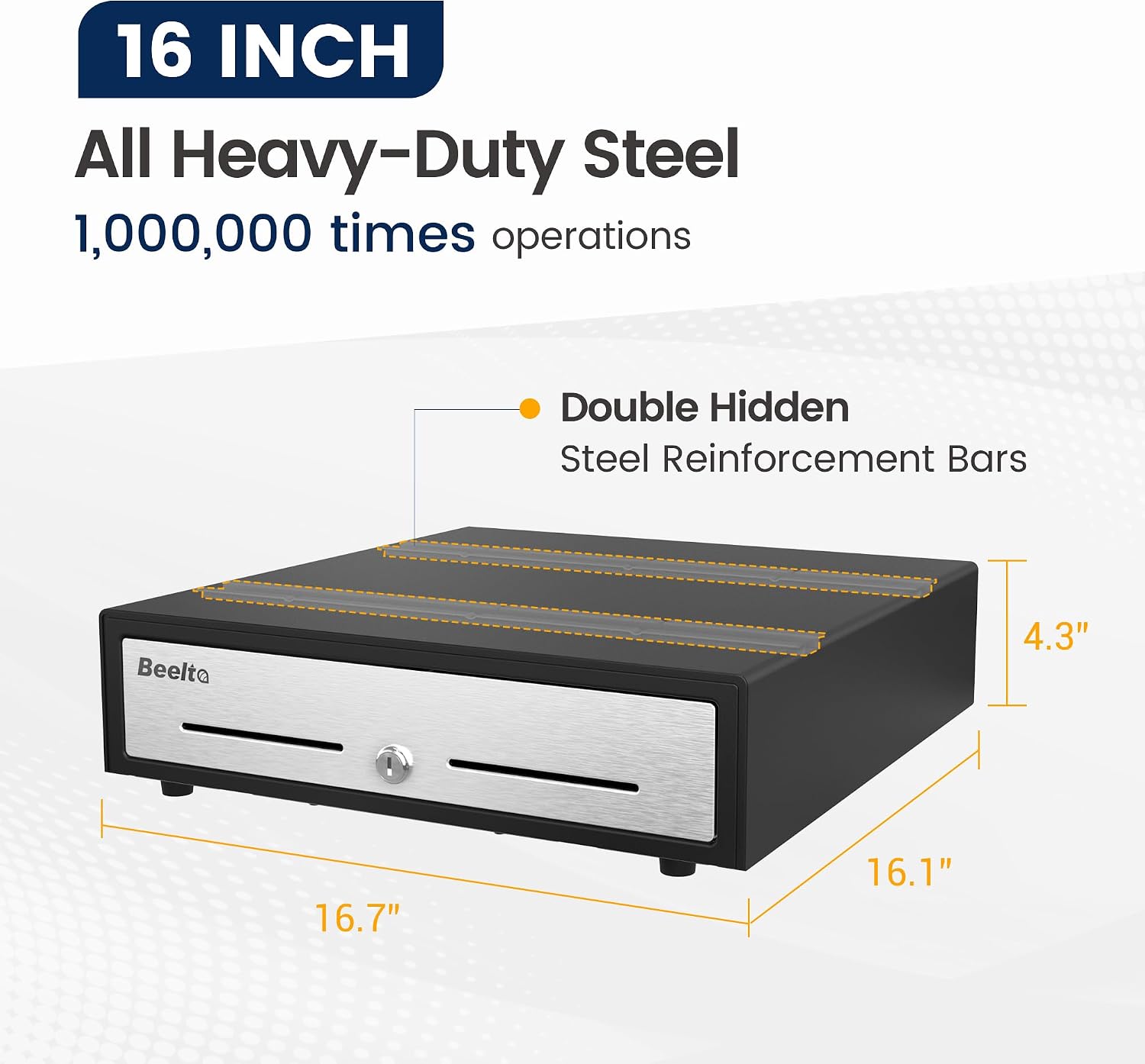 16" Cash Drawer for Small Business - Stainless Steel Front Panel, Removable Cash Tray, Electronic Cash Box