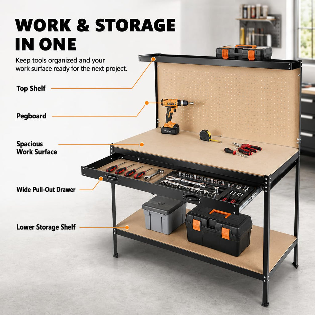Steel Garage Workbench, Pegboard, 2 Drawers, Shelves, Workshop