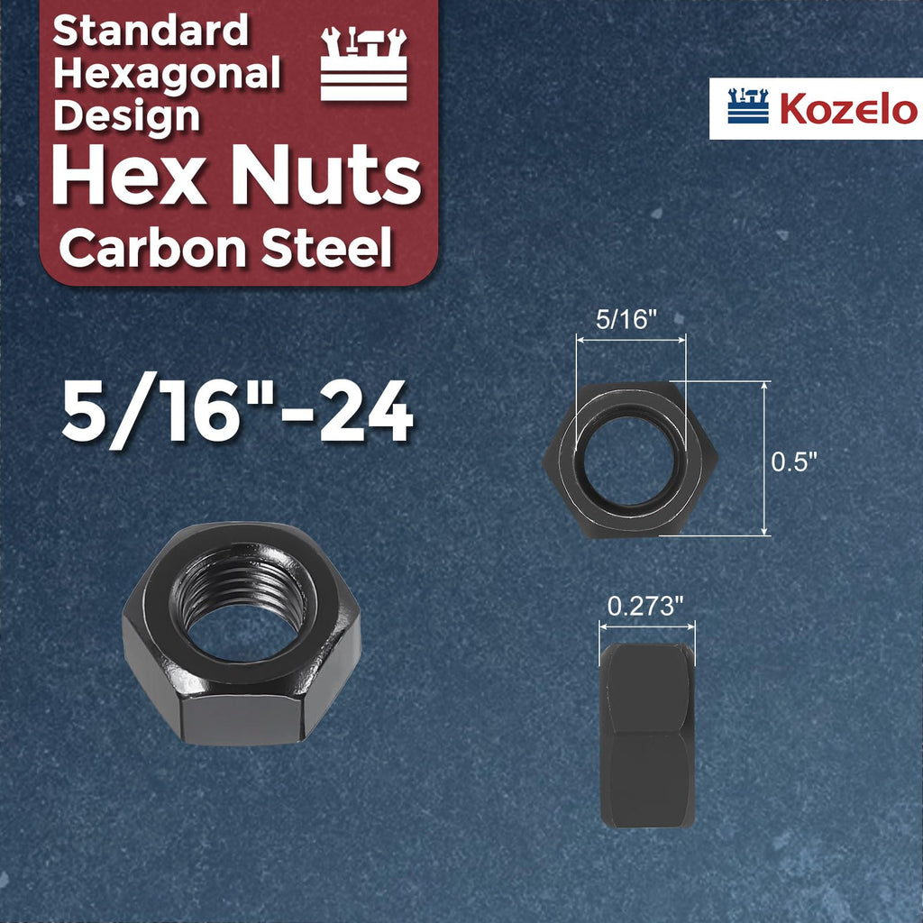 Kozelo 10pcs Hex Nuts 5/16"-24 Carbon Steel Fine Thread Black