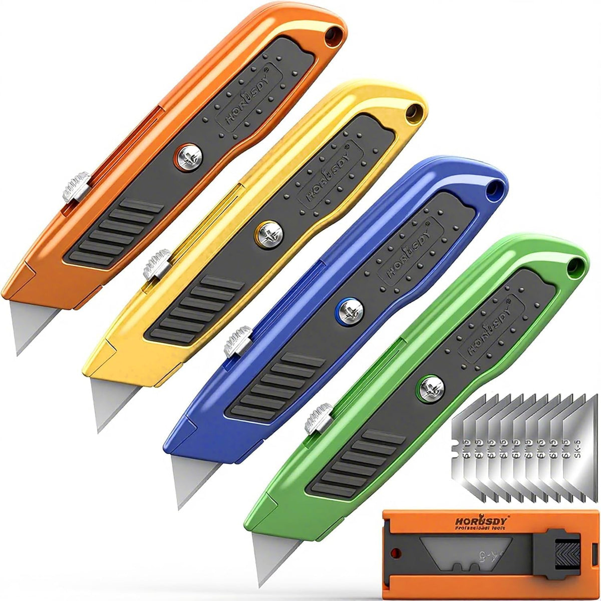 4-Pack Box Cutter Utility Knife, Heavy Duty Aluminum Shell Retractable Box Cutter for Cardboard, Boxes and Cartons