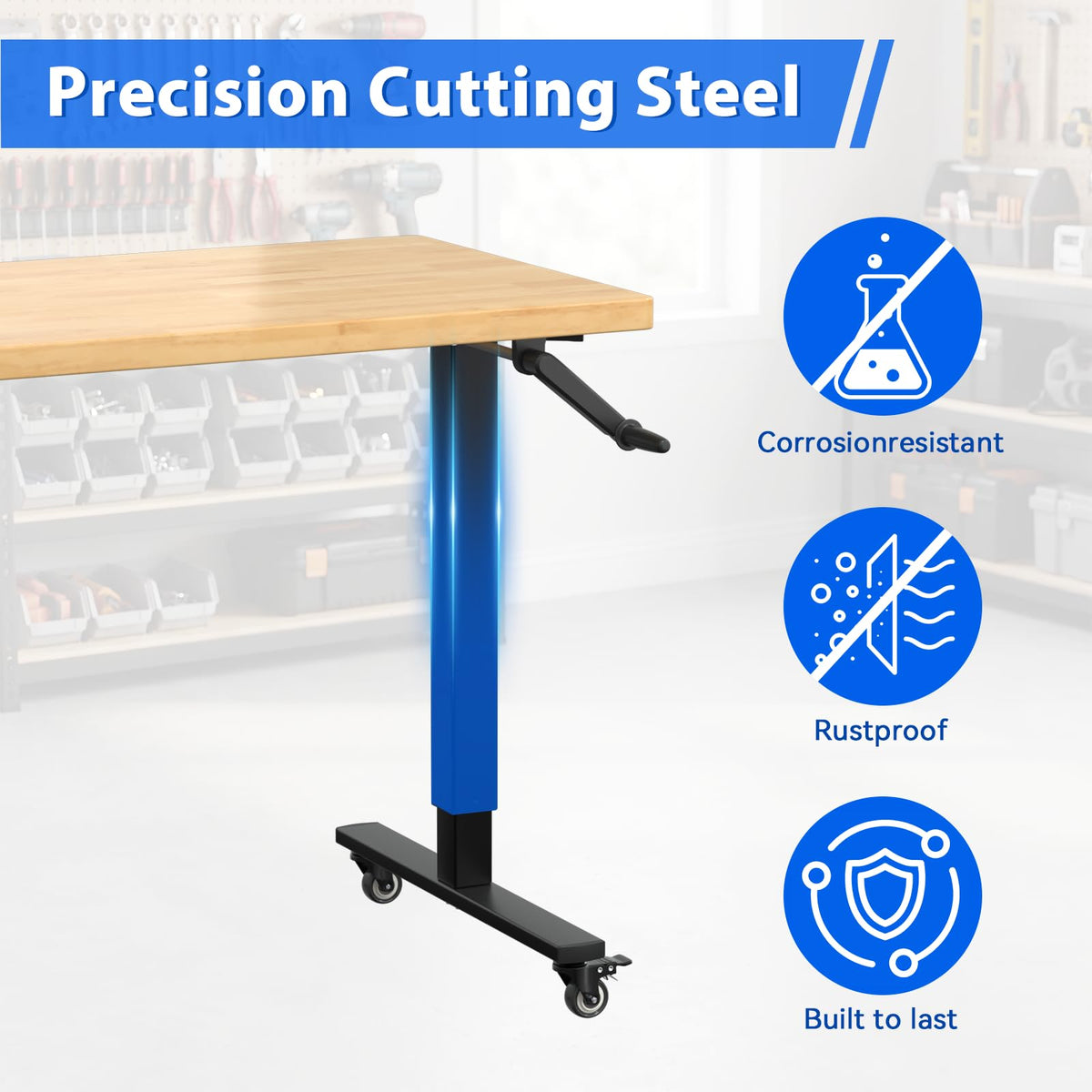 48" Adjustable Height Workbench with 1000LBS Capacity, Solid Wood Work Bench with Crank Handle, Heavy Duty Workbench