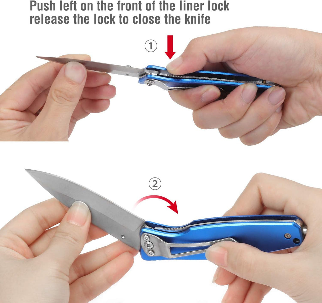 7-inch Folding Pocket Knife, Blue | Stainless Steel Drop Point Blade Knife EDC, Multi-Functional Tool with Bottle