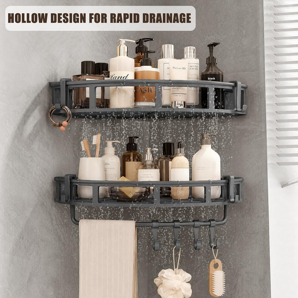 Shower Caddy Hanging Gray, 2 Pack Rustproof Adhesive Corner Shower Shelves | 40 Lb Secure Hold, Powder-Coated
