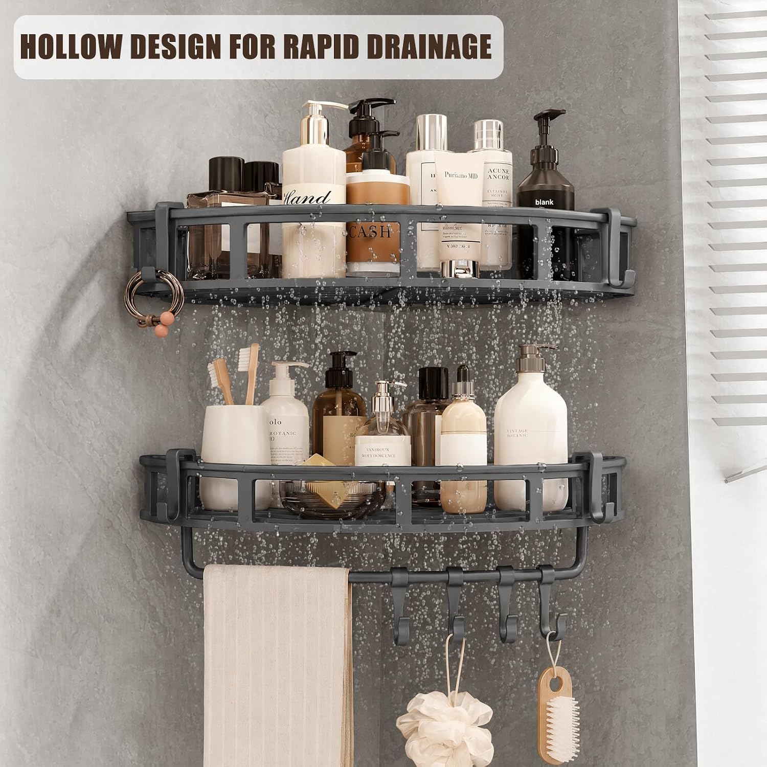 Shower Caddy Hanging Gray, 2 Pack Rustproof Adhesive Corner Shower Shelves | 40 Lb Secure Hold, Powder-Coated