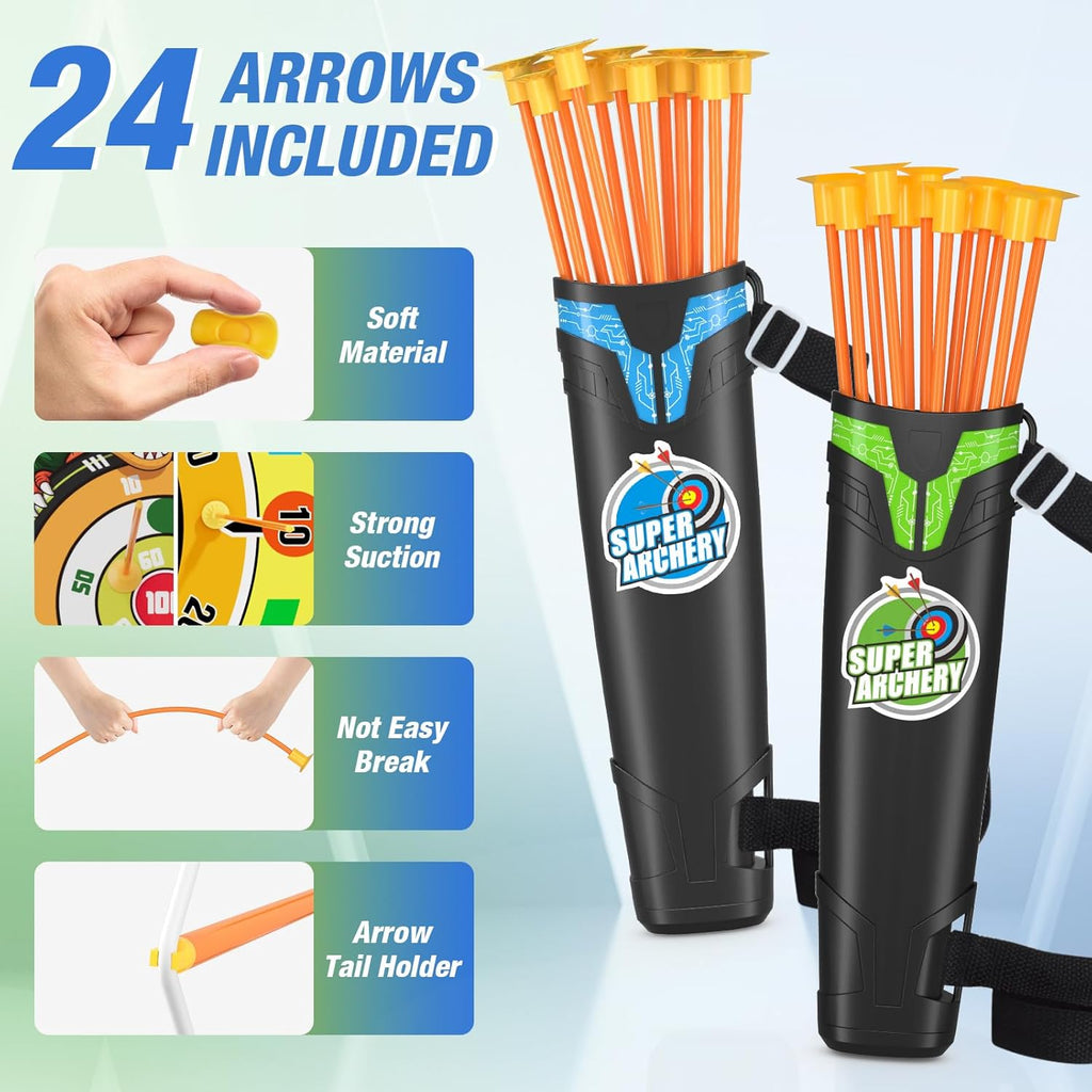 2 Pack Kids Bow and Arrow with 29" Large Dart Board & Dinosaur Target | Light Up Archery Set with 24 Suction Cup