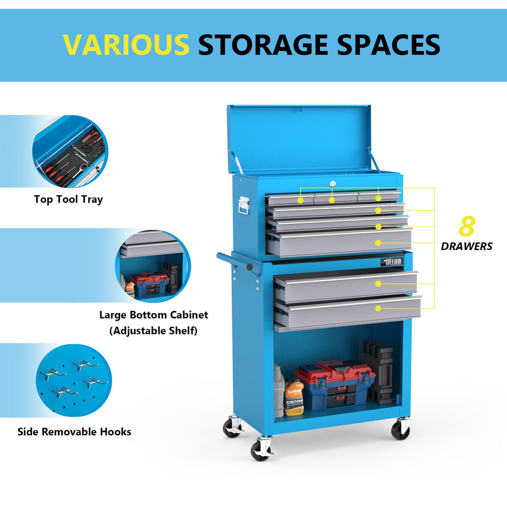 8-Drawer Rolling Tool Chest, Tool Storage Cabinet w/Lockable Wheels, Detachable Top, Drawers & Side Hooks, Mechanic
