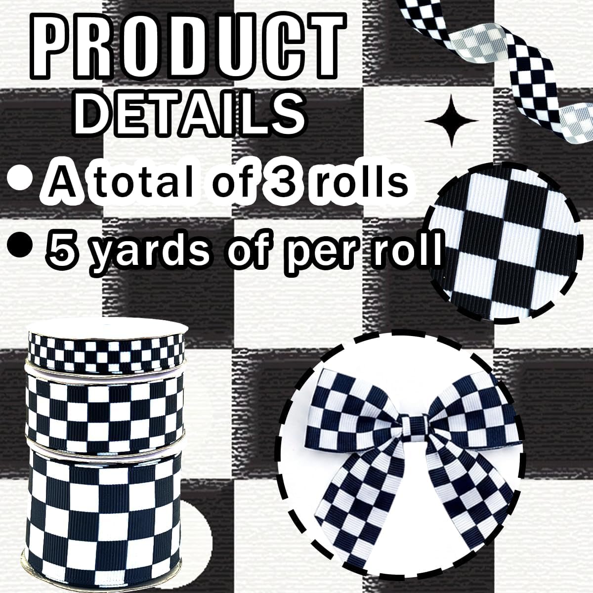 3 Roll Black and White Checkered Print Grosgrain Ribbon for Craft