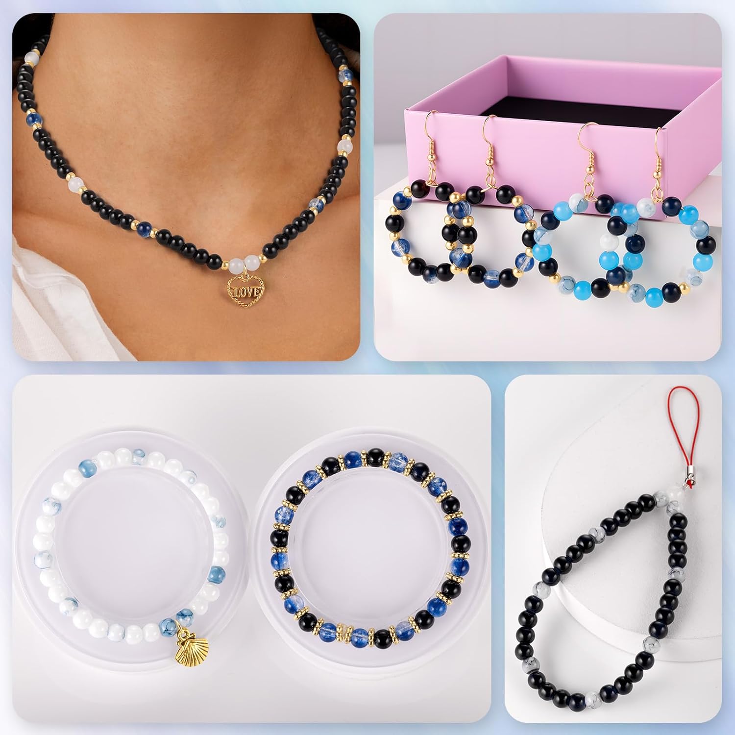 Glass Beads for Jewelry Making, 1377pcs Neutral Tones Bracelet Making Kit, 24 Colors 6mm Round Glass Beads, Marble