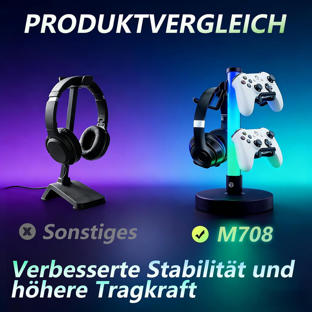 COM Headphone Stand with 17 Light Modes, Gaming Controller Holder with Remote Control, PC Gaming Accessories for