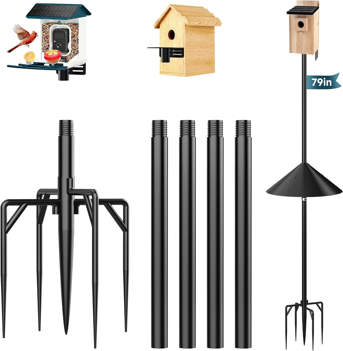 79" Smart Bird Feeder Pole Stand with 19" Proof Squirrel Baffle - Dia 1 Inch Bird House Pole for Camera Birdfeeder