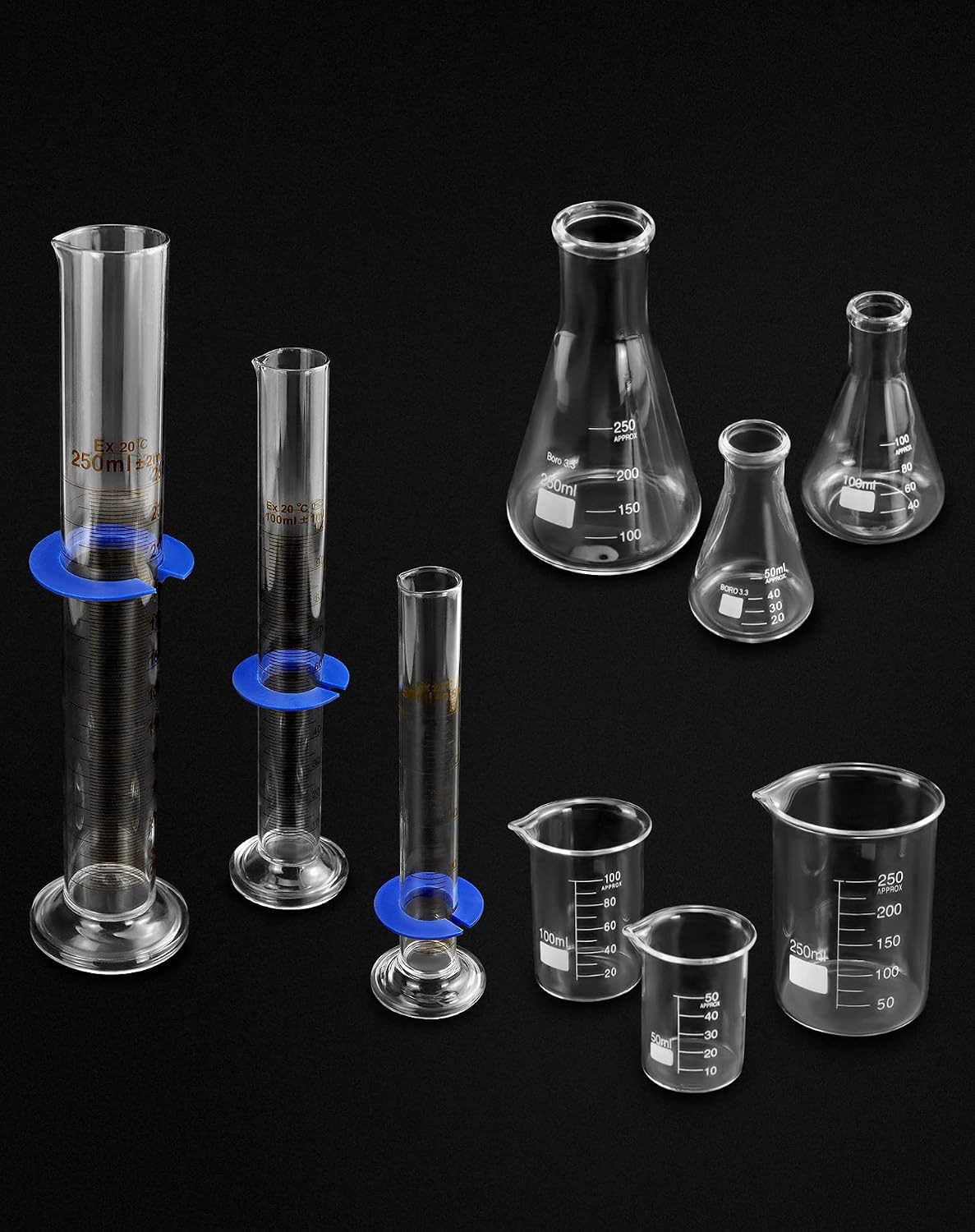 Lab Glassware Set, Beaker Flask Cylinder Set, 9 Pieces - Includes 3 Erlenmeyer Flasks, 3 Beakers, & 3 Grade A