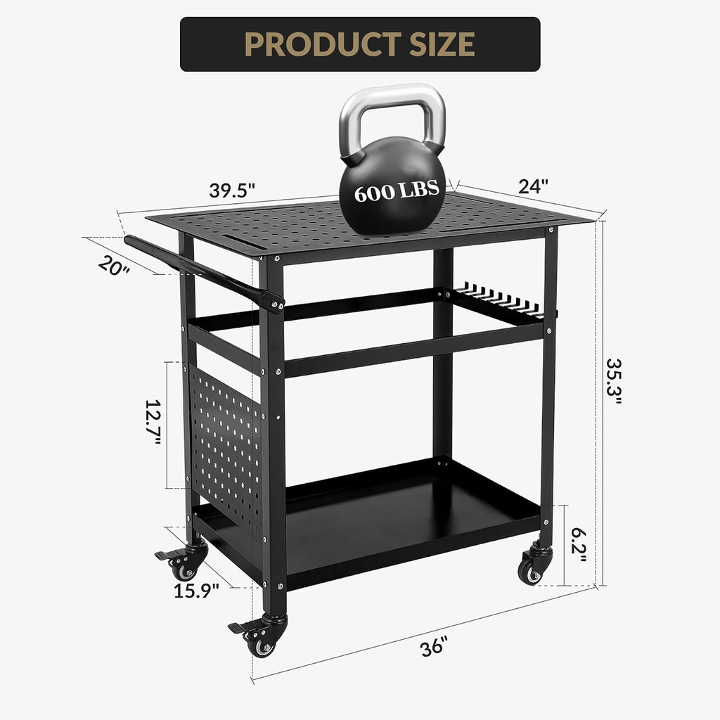 Heavy Duty Portable Steel Workbench Table,600 lbs Load,5/8-Inch Fixture Holes,Double-Layer Storage, Pegboard, Tool