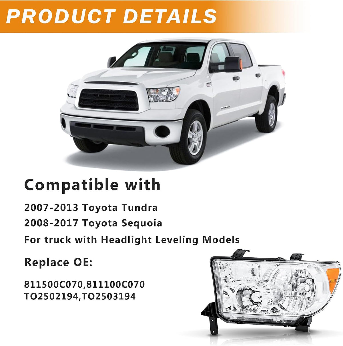 Headlight Assembly Pair for 2007-2013 Toyota Tundra with Level Adjuster