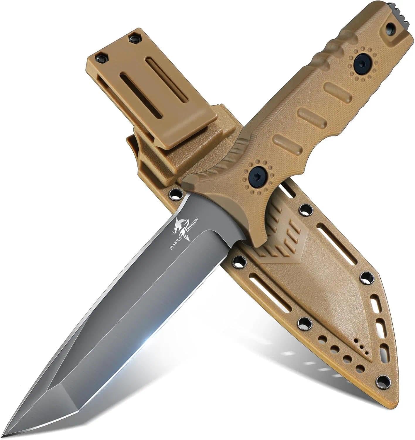 Full Tang Fixed Blade Tactical Knife with Sheath | High Carbon Steel Camping Knife with Ergonomic Khaki Handle, Built