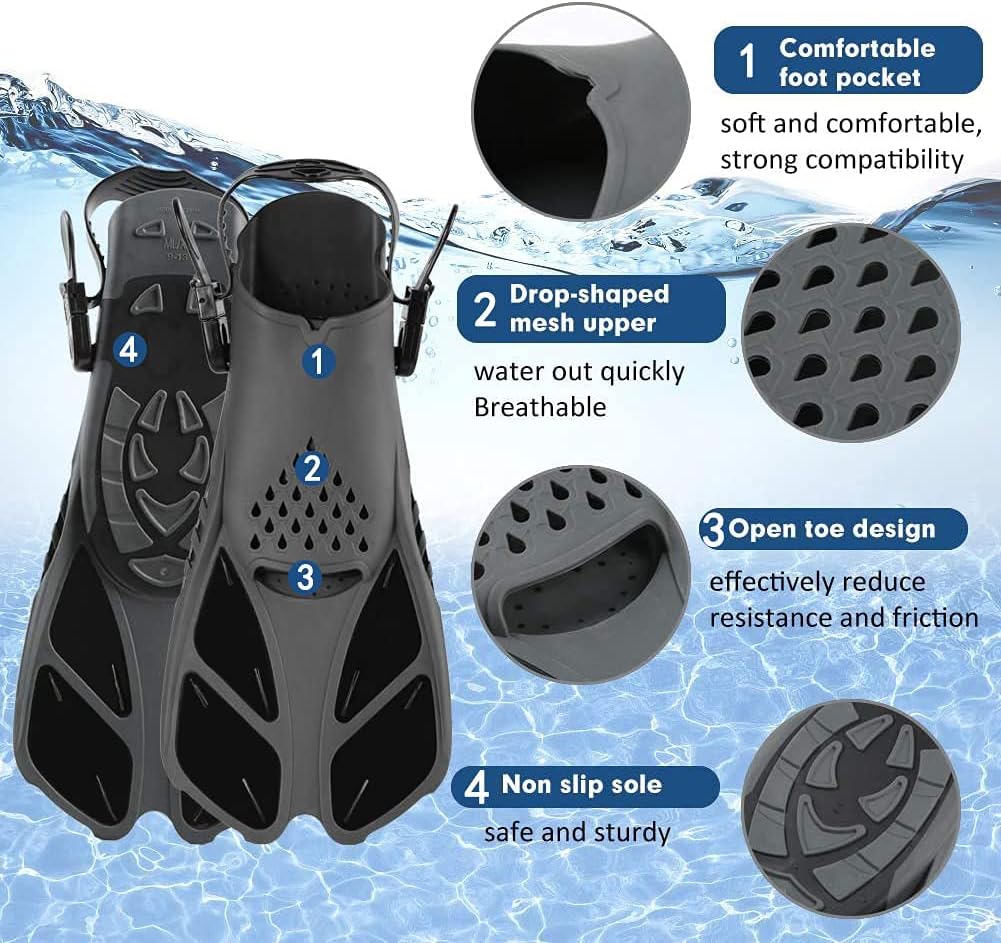 Swim Fins Snorkel Fins Snorkeling Gear Flippers for Swimming Short Diving Fins Travel Size with Mesh Bag Extra Fin