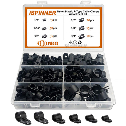 180pcs Nylon Plastic R-Type Cable Clamps, 1/4" 5/16" 3/8" 1/2" 5/8" 3/4" Clips Fasteners Assortment Kit for Cable