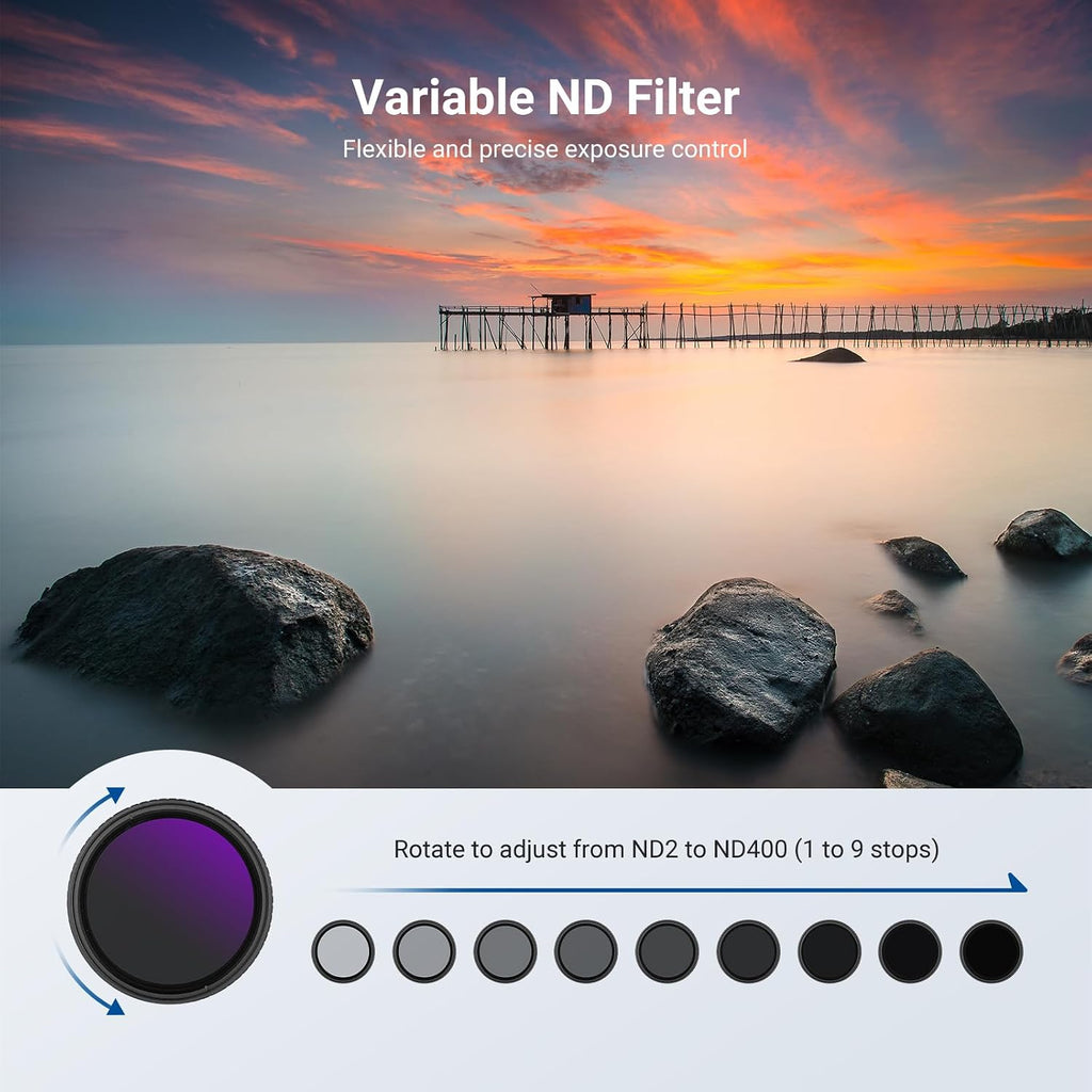 49mm Variable ND + CPL + UV Filter Kit (3 Pack), Multicoated Neutral Density (ND2-400) Circular Polarizer Camera Lens