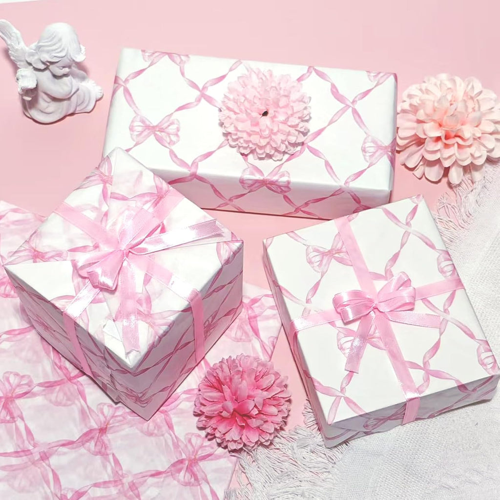 Pink Bow Tissue Paper, Cute Girly Gift Wrapping Tissue Paper For Gift Bags Packaging, Matte Gift Wrap Tissue For