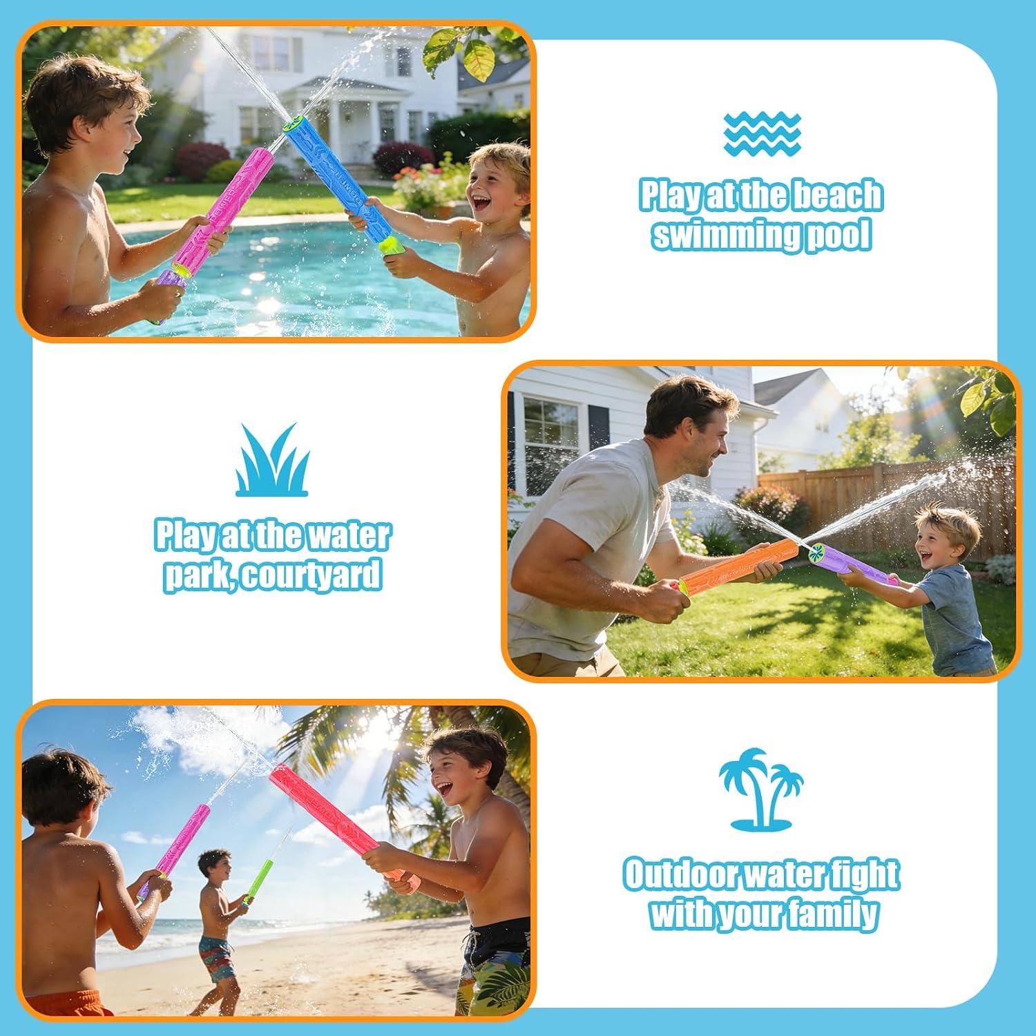 Water Blasters, 6 Pack Foam Water Guns for Kids Adults, Pool Toys Water Squirter Comfortable Handle