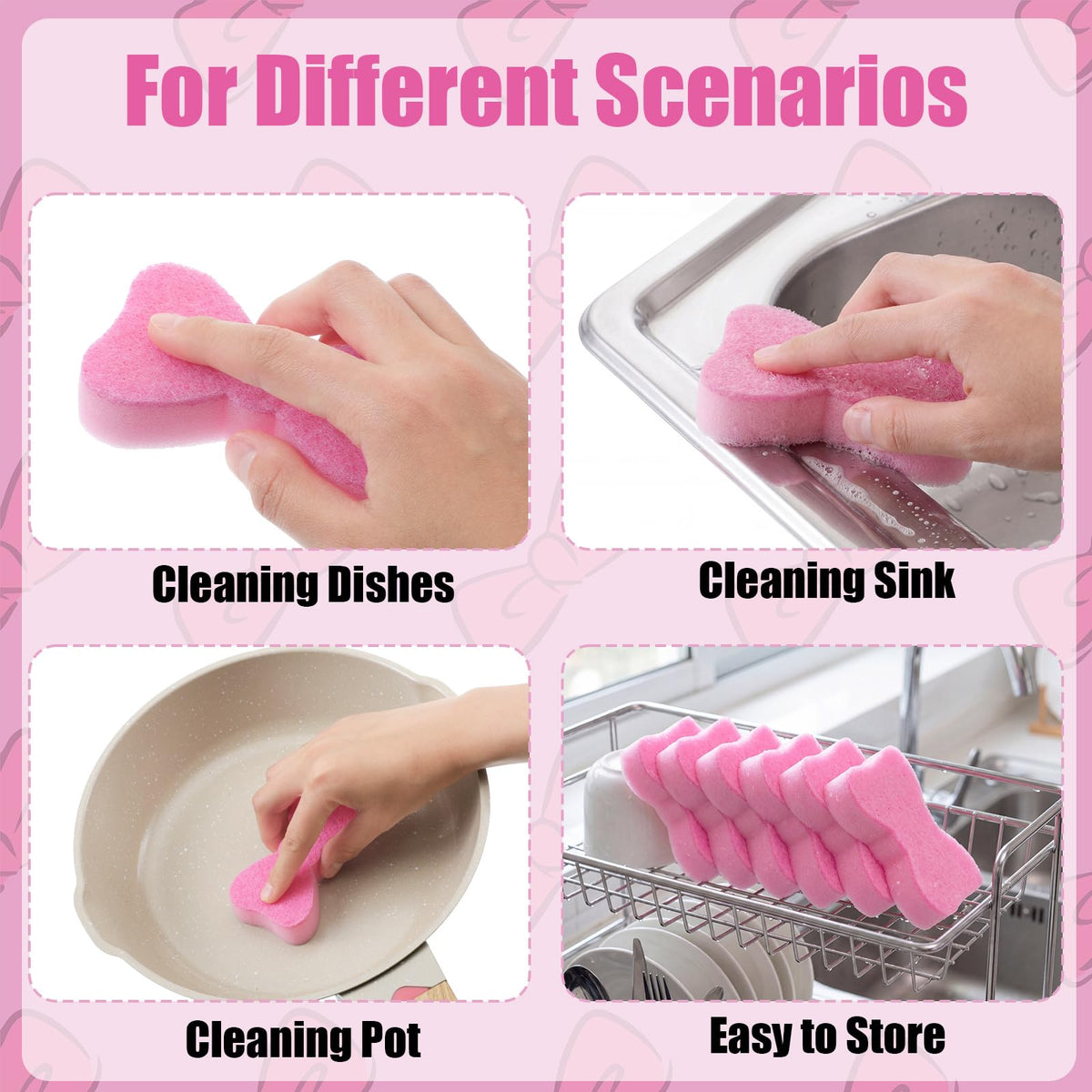 12 Pack Pink Bow Sponges Preppy Dual Sided Non Scratch