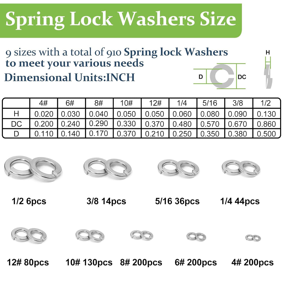 SAE Split Spring Lock Washer Assortment Kit #4-1/2 304 SS 910Pcs