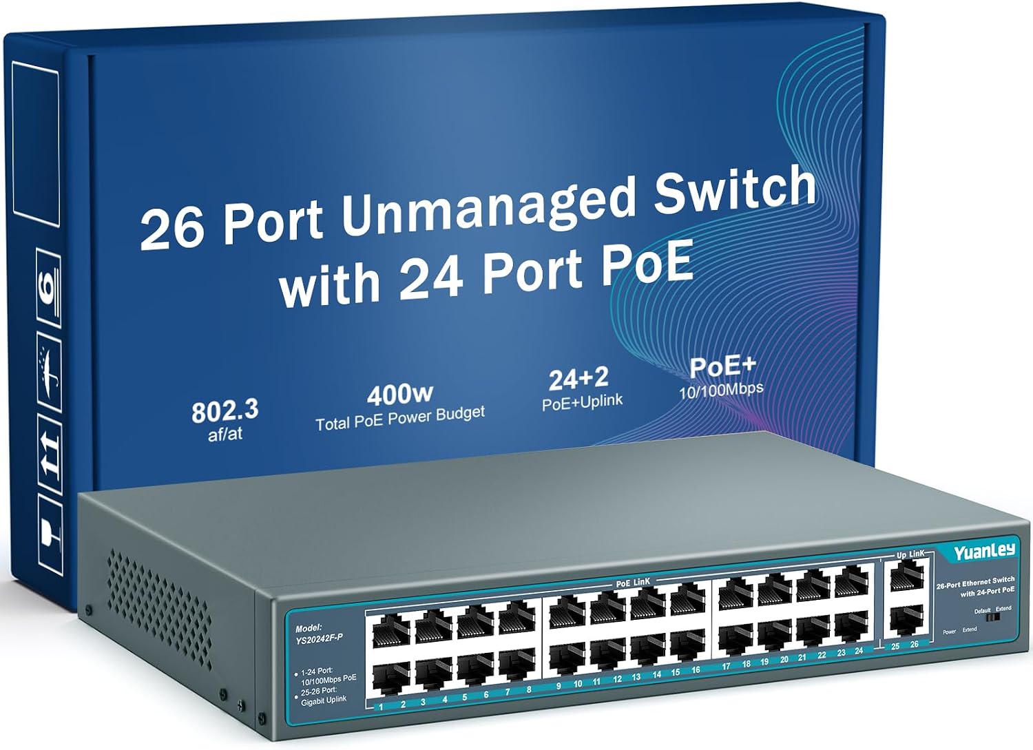 24 Port PoE Switch with 2 Gigabit Ethernet Uplink Port, Unmanaged 26 Port 802.3af/at 400W Power PoE+ Network Switch