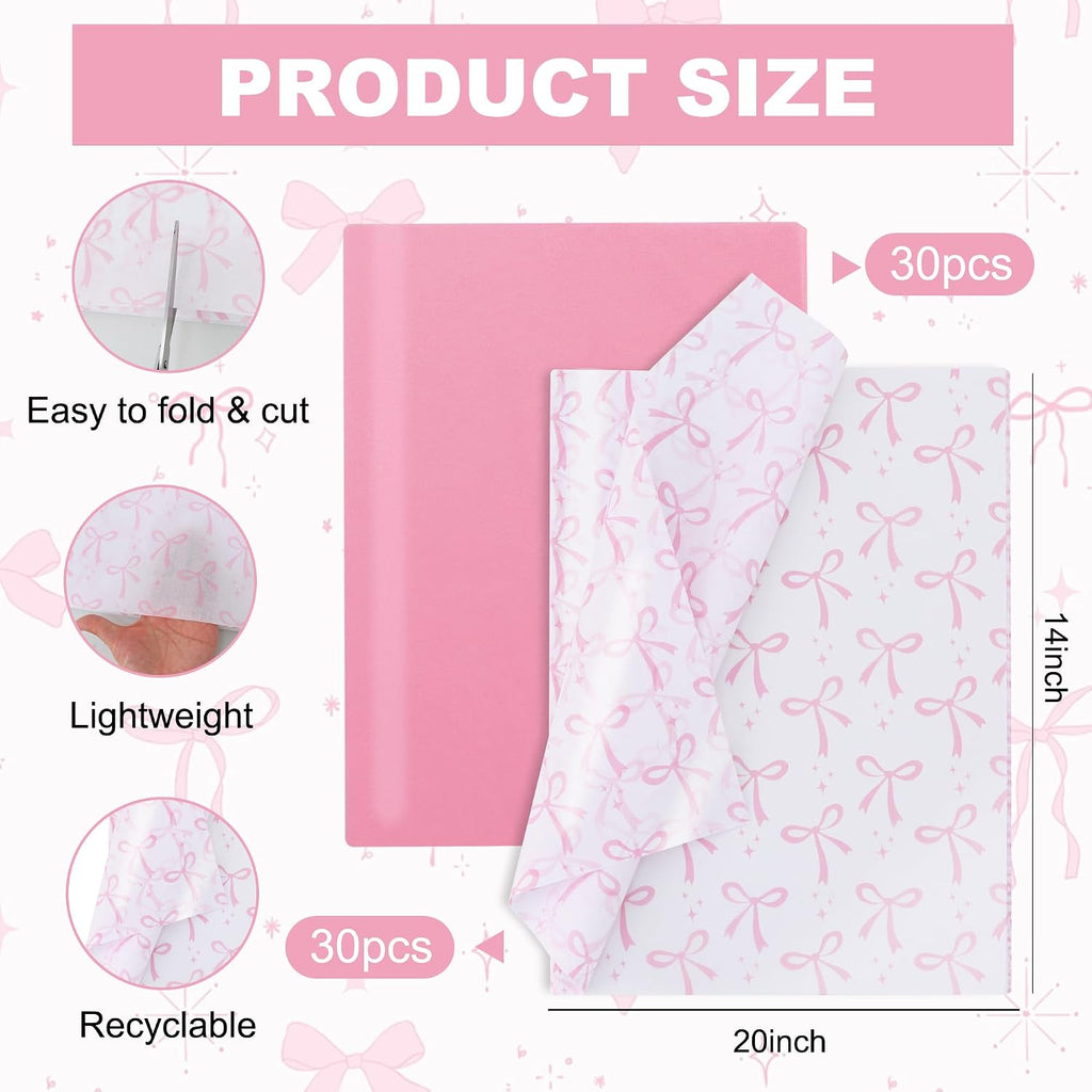 BBEISHIDA 60 Sheets Pink Bow Tissue Paper for Gift Wrapping and Gift Bags
