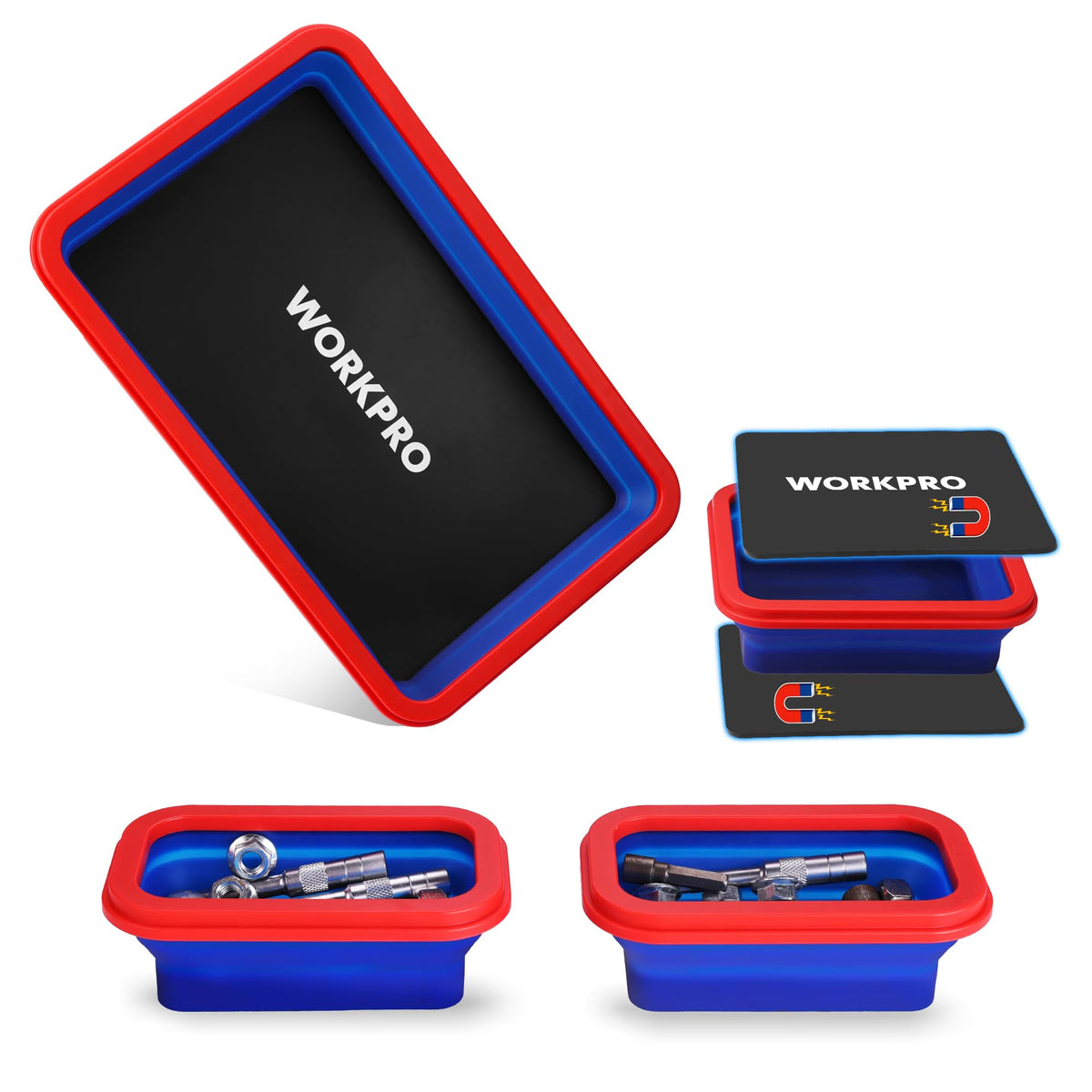 4PC Collapsible Magnetic Parts Tray Set, Double-Sided Magnet Bowl