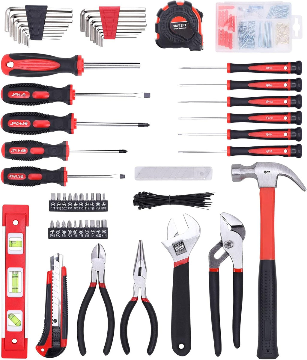 215-Piece Home Repairing Tool Set with 12-Inch Wide Mouth Open Storage Bag, Household Hand Tool Kit,Red