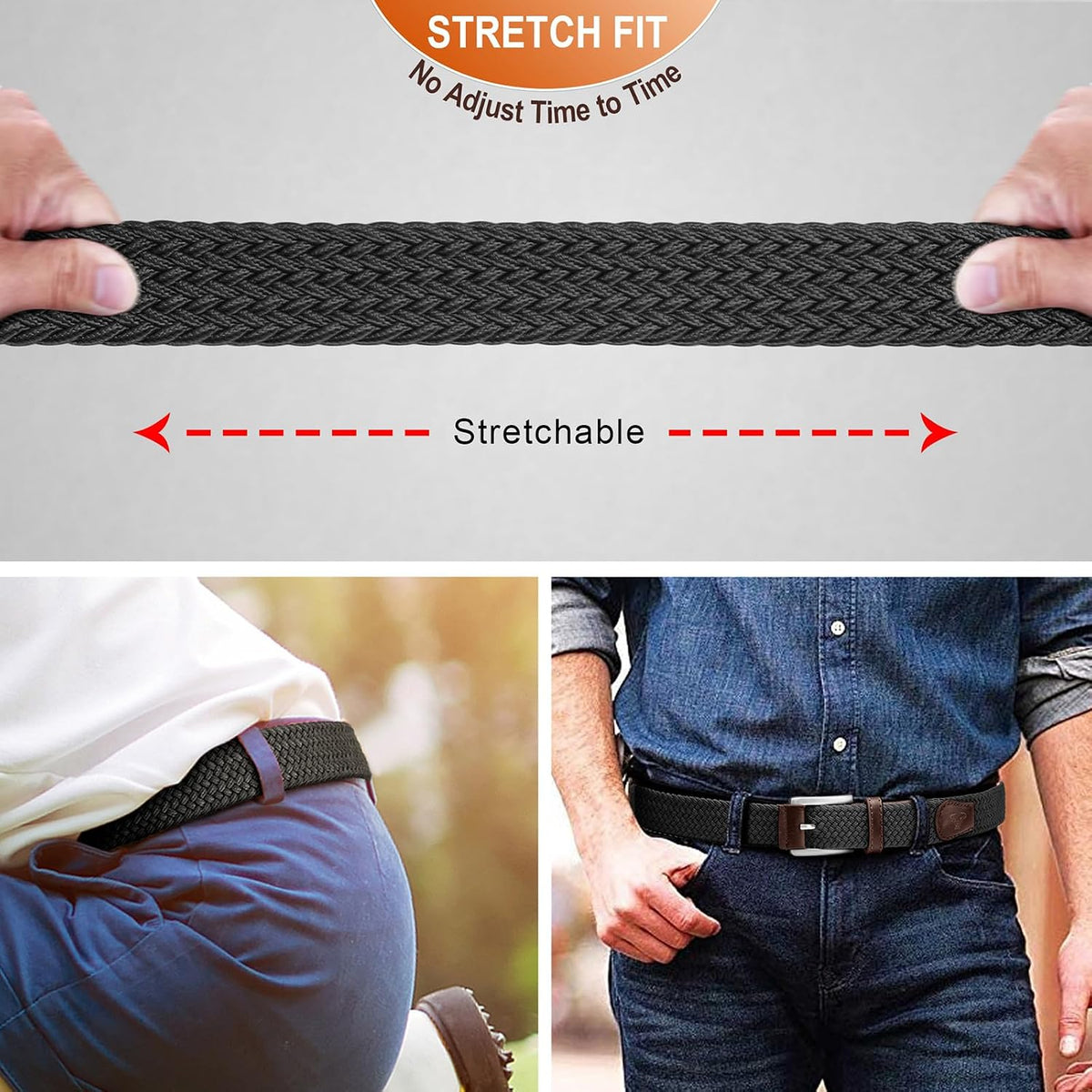 BULLIANT Woven Braided Stretch Web Belt 2Pack for Men 1 3/8"-Gift Boxed
