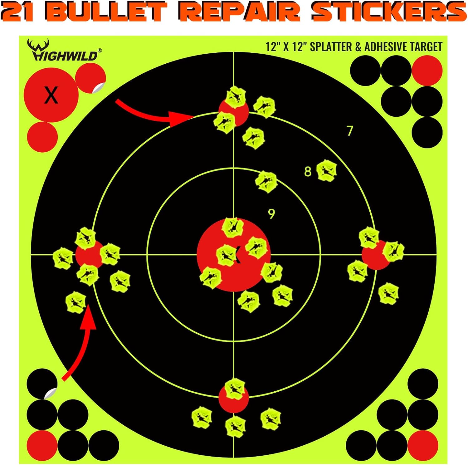 12X12 Inch Splatter Adhesive Bullseye Fluorescent Yellow Shooting Target Stickers - Suitable for Handguns, Rifles, BB