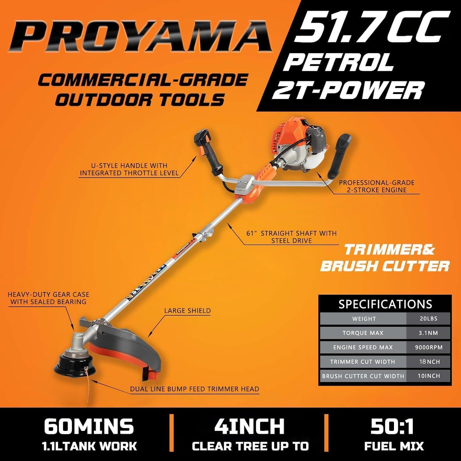 51.7cc Gas Powered Weed Eater Trimmer, Heavy Duty Brush Cutter | 3 in 1 Straight Shaft String Trimmer, 18in Cutting