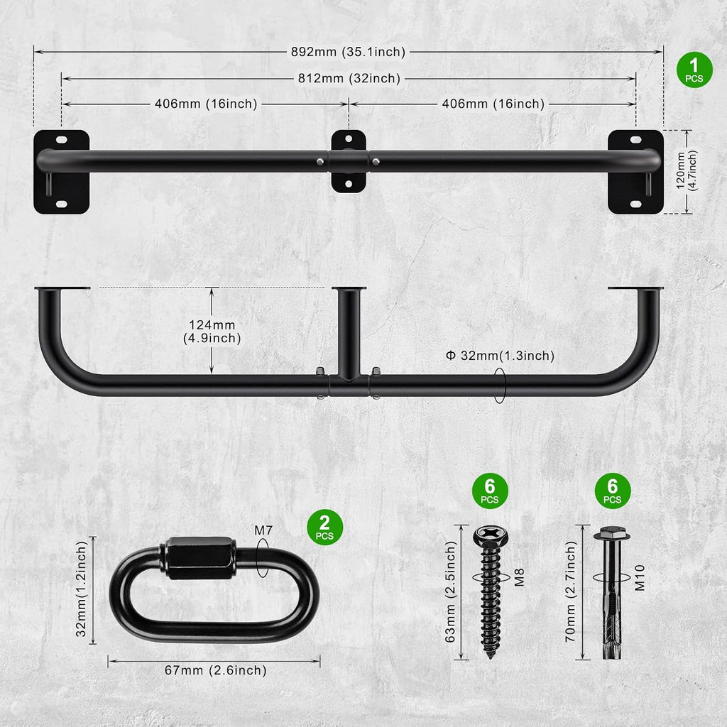 32"/36" Wall Mount Pull Up Bar Joist Mount Chin Up Bar for Doorway | Heavy Duty Steel Construction Support 450 lb