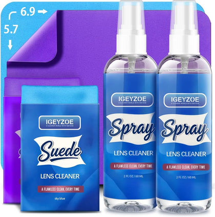 Eyeglass Lens Cleaner Spray Kit - (2x2oz) Glasses Cleaner Bottle + (4X) Microfiber Cloth 6.9"×5.7", Alcohol Free