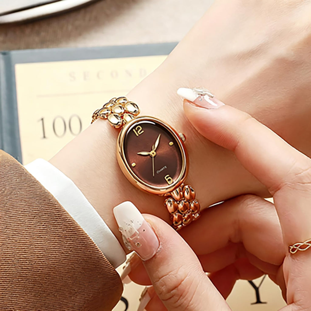 Women’s Oval Bracelet Watch – Minimalist Beaded Link Watch, Lightweight Oval Dial, Quartz Analog Timepiece