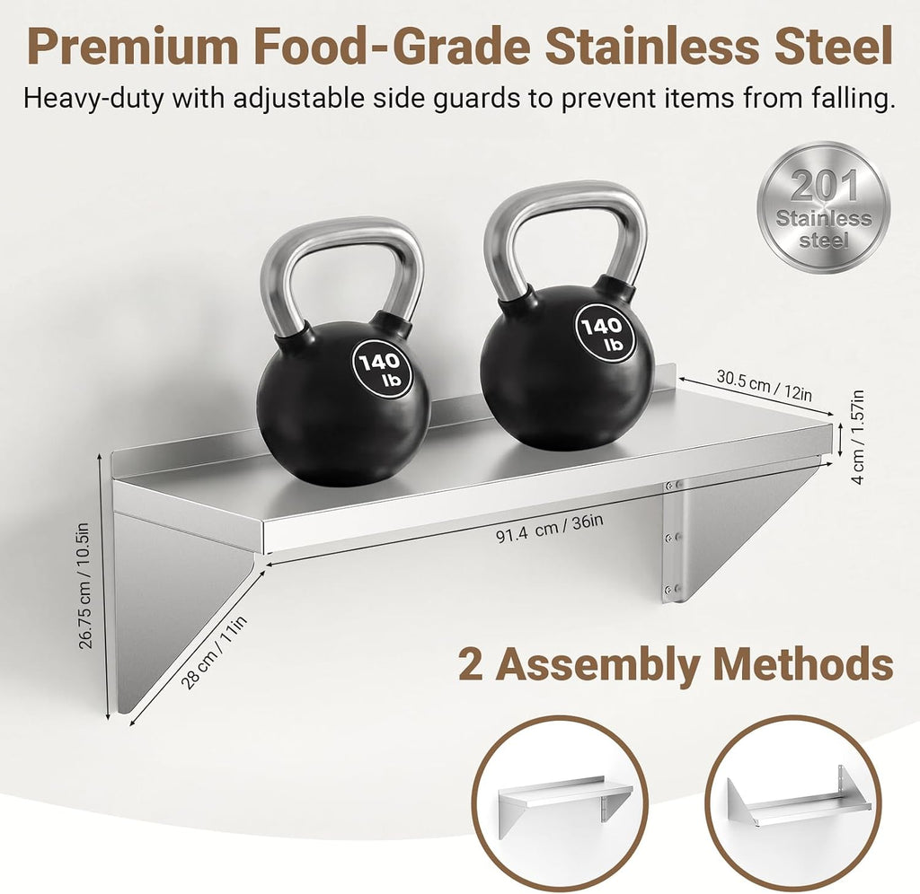 Stainless Steel Wall Shelf with Reversible Brackets,12" x 36"