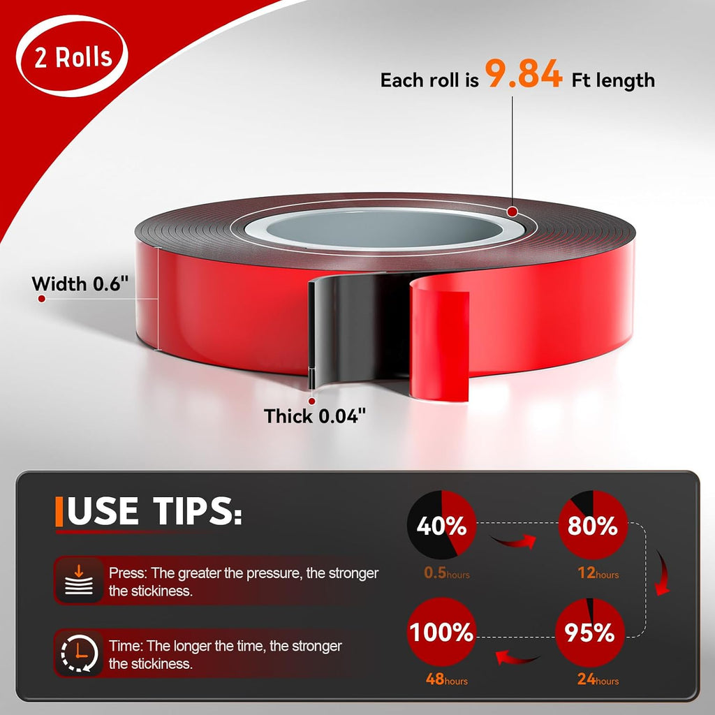 2 Rolls Car Double Sided Tape High Temperature Resistant Heavy Duty, 19.7 Ft X 0.6 ", Strong Adhesion and