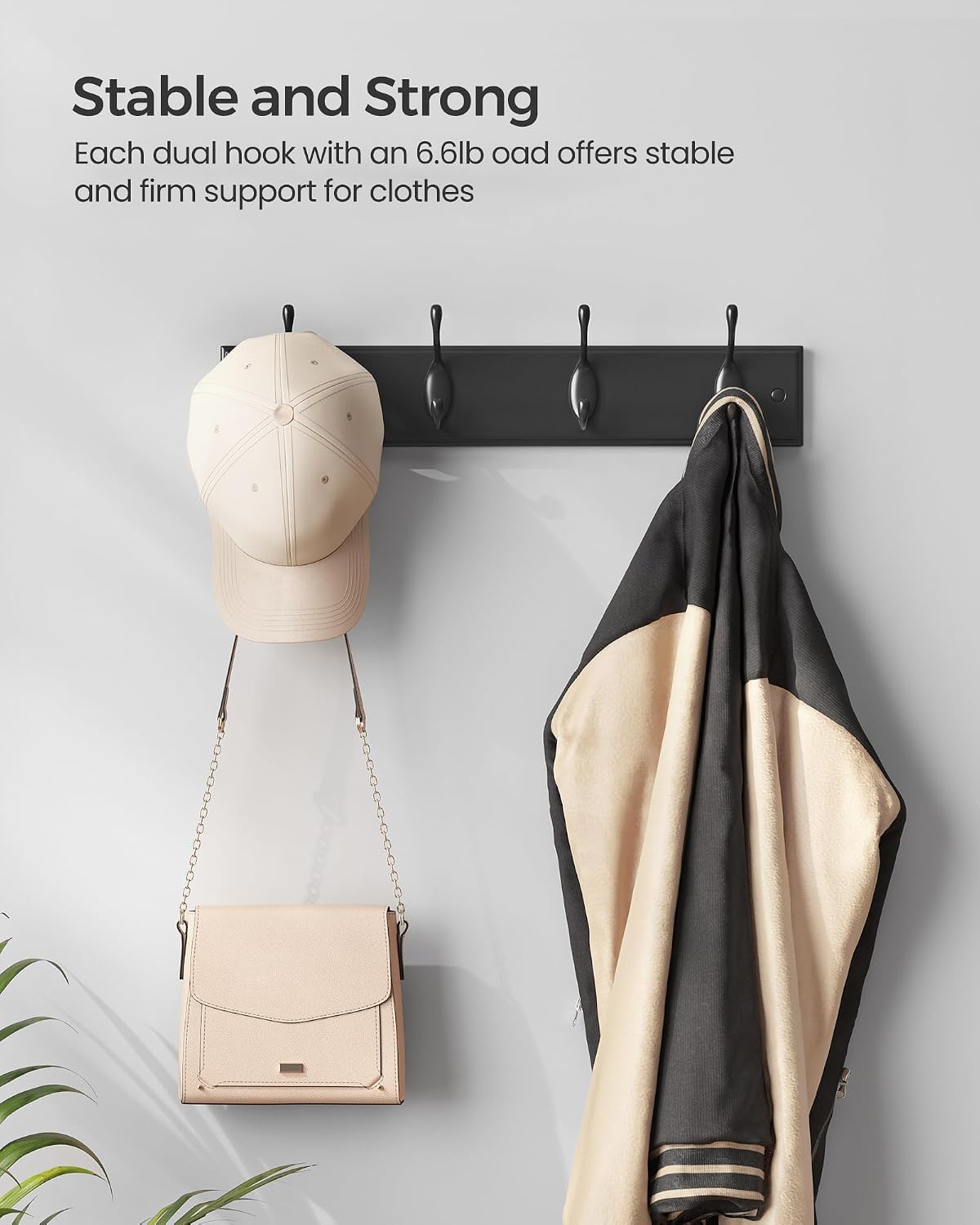 Wall-Mounted Coat Rack, Hook Rack, 4 Dual Metal Hooks