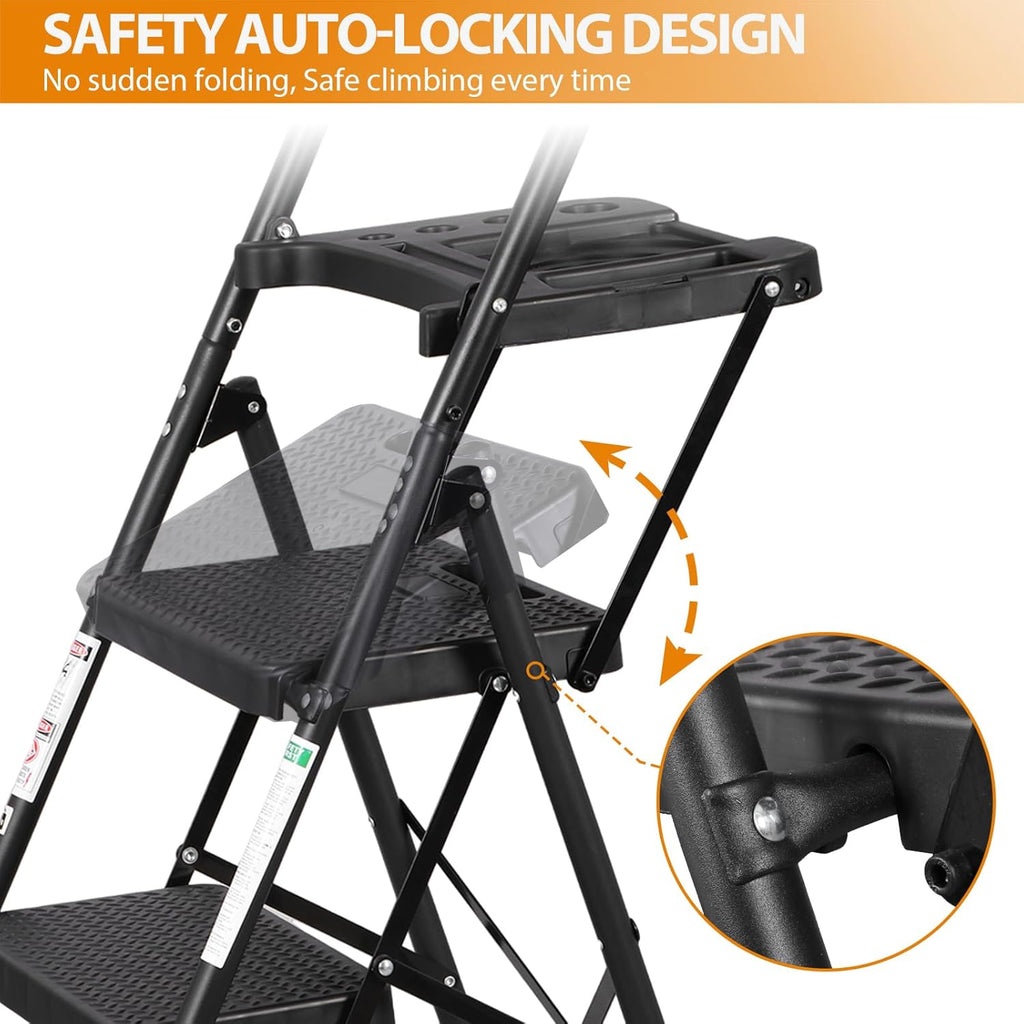 3 Step Ladder, Folding Step Stool for Adults, Portable Steel Ladder with Tool Platform, Wide Anti-Slip Pedal, Safety