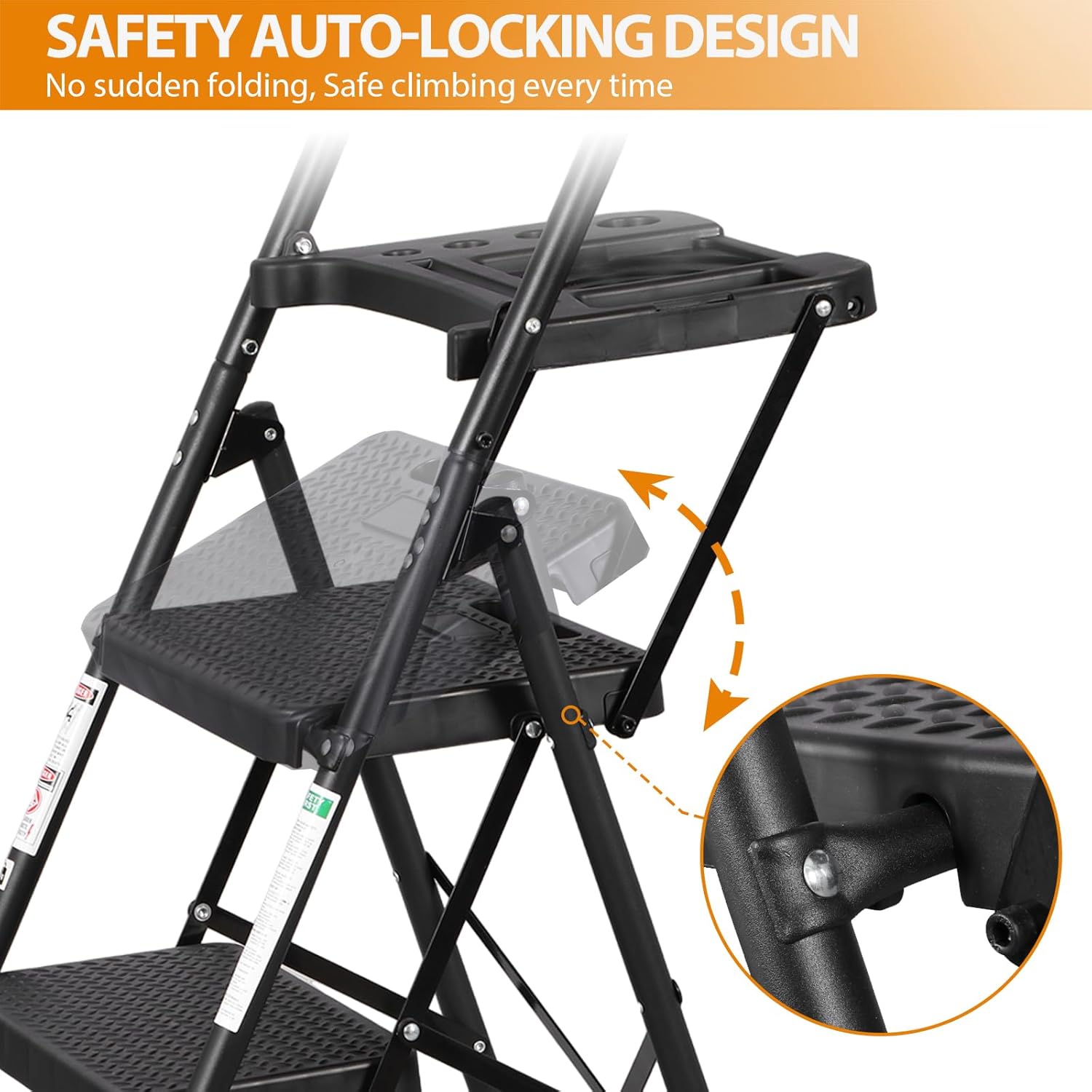 3 Step Ladder, Folding Step Stool for Adults, Portable Steel Ladder with Tool Platform, Wide Anti-Slip Pedal, Safety