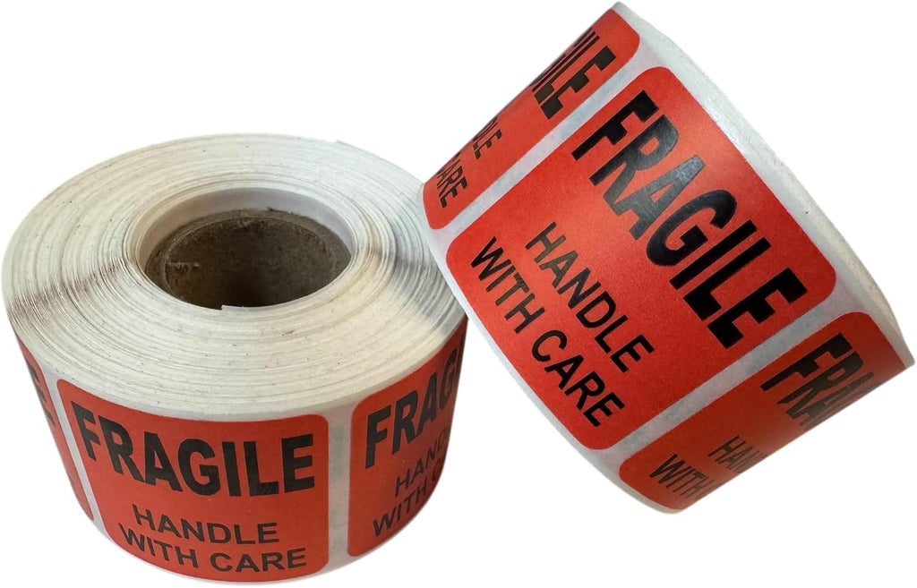 Fragile Handle with Care Labels, 1.5 x 1.5 Inch Red Square Shipping Stickers, Peel and Stick Warning Labels, 2 Rolls