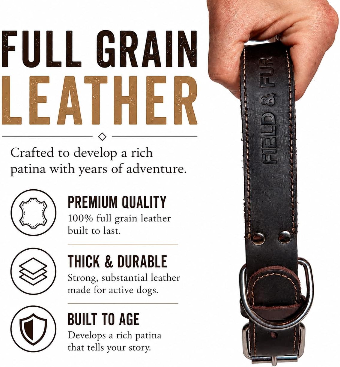 Full Grain Leather Dog Collar – Outdoor Dog Collar with Reinforced Stitching, Nickel Hardware, Adjustable Fit for