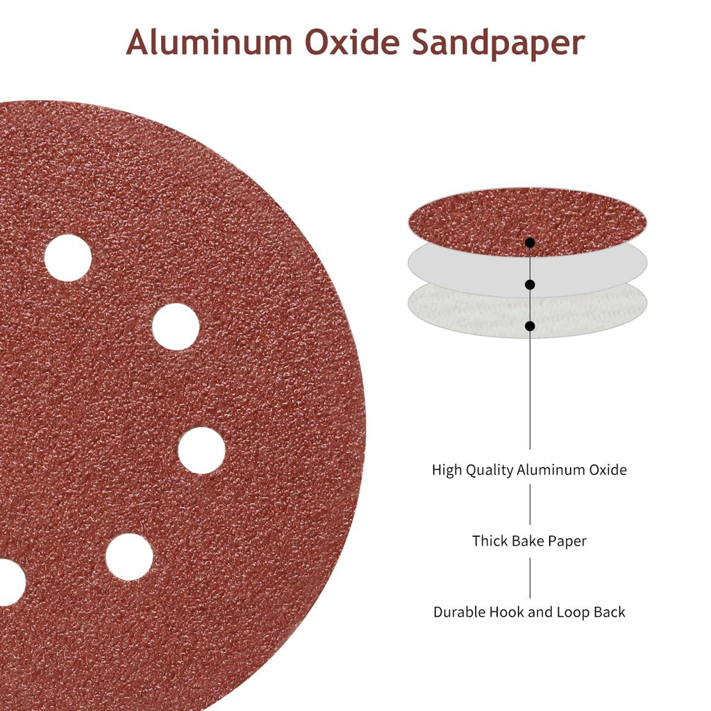 50 PCS 5 Inch 8 Hole Hook and Loop Sanding Discs 60 Grit