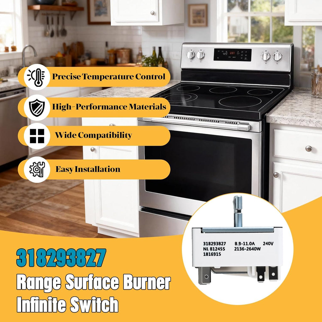 318293827 Range Surface Element Control Switch Replacement for Frigidaire Oven/Stove, Compatible with 318293821, 318369613, 318369606, 318220067，PS2342883