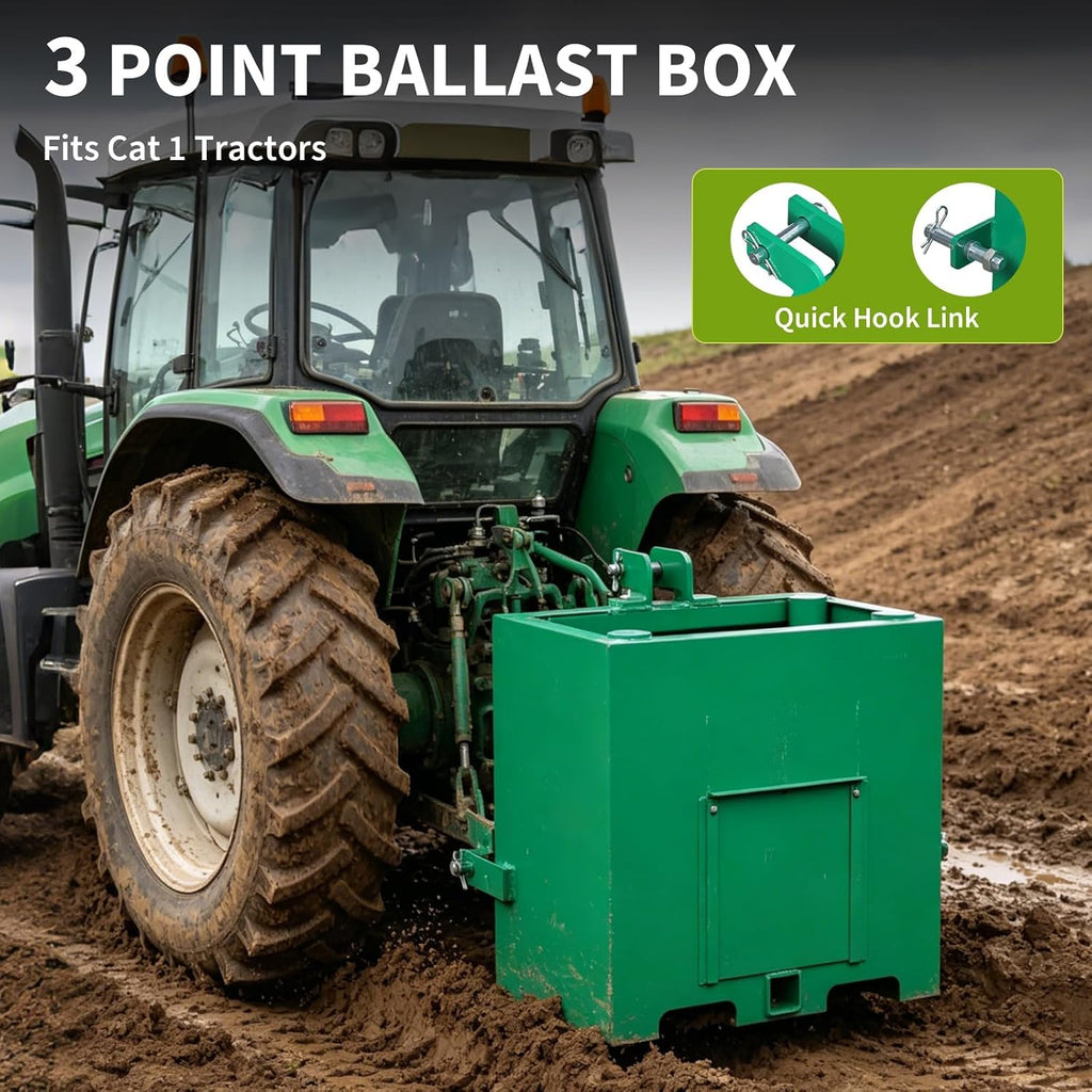 Tractor Ballast Box with 800 Lbs Load Capacity, Category 1 Three Point Hitch, 5 Cu.ft Heavy Duty Steel Rear